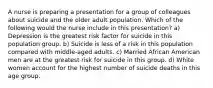 A nurse is preparing a presentation for a group of colleagues about suicide and the older adult population. Which of the following would the nurse include in this presentation? a) Depression is the greatest risk factor for suicide in this population group. b) Suicide is less of a risk in this population compared with middle-aged adults. c) Married African American men are at the greatest risk for suicide in this group. d) White women account for the highest number of suicide deaths in this age group.