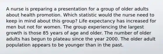 A nurse is preparing a presentation for a group of older adults about health promotion. Which statistic would the nurse need to keep in mind about this group? Life expectancy has increased for men but not for women. The group experiencing the largest growth is those 85 years of age and older. The number of older adults has begun to plateau since the year 2000. The older adult population appears to be younger than in the past.