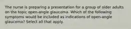 The nurse is preparing a presentation for a group of older adults on the topic open-angle glaucoma. Which of the following symptoms would be included as indications of open-angle glaucoma? Select all that apply.