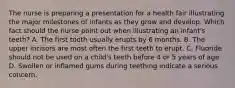 The nurse is preparing a presentation for a health fair illustrating the major milestones of infants as they grow and develop. Which fact should the nurse point out when illustrating an infant's teeth? A. The first tooth usually erupts by 6 months. B. The upper incisors are most often the first teeth to erupt. C. Fluoride should not be used on a child's teeth before 4 or 5 years of age. D. Swollen or inflamed gums during teething indicate a serious concern.