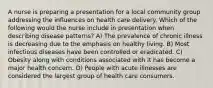 A nurse is preparing a presentation for a local community group addressing the influences on health care delivery. Which of the following would the nurse include in presentation when describing disease patterns? A) The prevalence of chronic illness is decreasing due to the emphasis on healthy living. B) Most infectious diseases have been controlled or eradicated. C) Obesity along with conditions associated with it has become a major health concern. D) People with acute illnesses are considered the largest group of health care consumers.