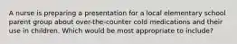 A nurse is preparing a presentation for a local elementary school parent group about over-the-counter cold medications and their use in children. Which would be most appropriate to include?