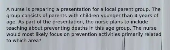 A nurse is preparing a presentation for a local parent group. The group consists of parents with children younger than 4 years of age. As part of the presentation, the nurse plans to include teaching about preventing deaths in this age group. The nurse would most likely focus on prevention activities primarily related to which area?