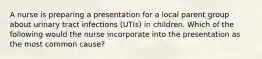 A nurse is preparing a presentation for a local parent group about urinary tract infections (UTIs) in children. Which of the following would the nurse incorporate into the presentation as the most common cause?