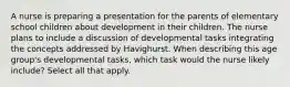 A nurse is preparing a presentation for the parents of elementary school children about development in their children. The nurse plans to include a discussion of developmental tasks integrating the concepts addressed by Havighurst. When describing this age group's developmental tasks, which task would the nurse likely include? Select all that apply.