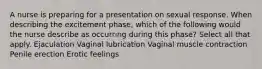 A nurse is preparing for a presentation on sexual response. When describing the excitement phase, which of the following would the nurse describe as occurring during this phase? Select all that apply. Ejaculation Vaginal lubrication Vaginal muscle contraction Penile erection Erotic feelings