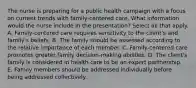 The nurse is preparing for a public health campaign with a focus on current trends with family-centered care. What information would the nurse include in the presentation? Select all that apply. A. Family-centered care requires sensitivity to the client's and family's beliefs. B. The family should be assessed according to the relative importance of each member. C. Family-centered care promotes greater family decision-making abilities. D. The client's family is considered in health care to be an expert partnership. E. Family members should be addressed individually before being addressed collectively.