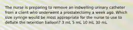 The nurse is preparing to remove an indwelling urinary catheter from a client who underwent a prostatectomy a week ago. Which size syringe would be most appropriate for the nurse to use to deflate the retention balloon? 3 mL 5 mL 10 mL 30 mL