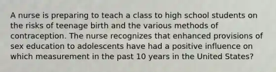 A nurse is preparing to teach a class to high school students on the risks of teenage birth and the various methods of contraception. The nurse recognizes that enhanced provisions of sex education to adolescents have had a positive influence on which measurement in the past 10 years in the United States?