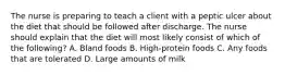 The nurse is preparing to teach a client with a peptic ulcer about the diet that should be followed after discharge. The nurse should explain that the diet will most likely consist of which of the following? A. Bland foods B. High-protein foods C. Any foods that are tolerated D. Large amounts of milk