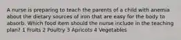 A nurse is preparing to teach the parents of a child with anemia about the dietary sources of iron that are easy for the body to absorb. Which food item should the nurse include in the teaching plan? 1 Fruits 2 Poultry 3 Apricots 4 Vegetables