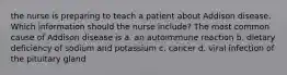 the nurse is preparing to teach a patient about Addison disease. Which information should the nurse include? The most common cause of Addison disease is a. an autoimmune reaction b. dietary deficiency of sodium and potassium c. cancer d. viral infection of the pituitary gland