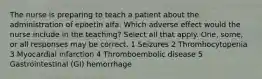 The nurse is preparing to teach a patient about the administration of epoetin alfa. Which adverse effect would the nurse include in the teaching? Select all that apply. One, some, or all responses may be correct. 1 Seizures 2 Thrombocytopenia 3 Myocardial infarction 4 Thromboembolic disease 5 Gastrointestinal (GI) hemorrhage