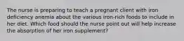 The nurse is preparing to teach a pregnant client with iron deficiency anemia about the various iron-rich foods to include in her diet. Which food should the nurse point out will help increase the absorption of her iron supplement?