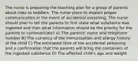 The nurse is preparing the teaching plan for a group of parents about risks to toddlers. The nurse plans to explain proper communication in the event of accidental poisoning. The nurse should plan to tell the parents to first state what substance was ingested and then what information should be the priority for the parents to communicate? A) The parents' name and telephone number B) The currency of the immunization and allergy history of the child C) The estimated time of the accidental poisoning and a confirmation that the parents will bring the containers of the ingested substance D) The affected child's age and weight