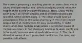 The nurse is preparing a teaching plan for an older client who is taking multiple medications. Which principles should the nurse keep in mind during the planning phase? Note: Credit will be given only if all correct choices and no incorrect choices are selected. Select all that apply. 1. The client should have all prescriptions filled at the same pharmacy. 2. The client should keep a list of all medications for easy accessibility. 3. Older clients often take multiple drugs which is a common cause of medication errors. 4. Polypharmacy is unique to older clients and is the most common cause of medication errors. 5. The client should be aware of each prescribed medication, the dose, and possible side effects.