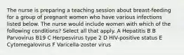 The nurse is preparing a teaching session about breast-feeding for a group of pregnant women who have various infections listed below. The nurse would include women with which of the following conditions? Select all that apply. A Hepatitis B B Parvovirus B19 C Herpesvirus type 2 D HIV-positive status E Cytomegalovirus F Varicella-zoster virus