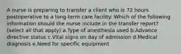 A nurse is preparing to transfer a client who is 72 hours postoperative to a long-term care facility. Which of the following information should the nurse include in the transfer report? (select all that apply) a.Type of anesthesia used b.Advance directive status c.Vital signs on day of admission d.Medical diagnosis e.Need for specific equipment