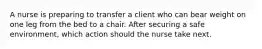 A nurse is preparing to transfer a client who can bear weight on one leg from the bed to a chair. After securing a safe environment, which action should the nurse take next.