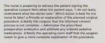 The nurse is preparing to witness the patient signing the operative consent form when the patient says, "I do not really understand what the doctor said." Which action is best for the nurse to take? a.Provide an explanation of the planned surgical procedure .b.Notify the surgeon that the informed consent process is not complete. c.Administer the prescribed preoperative antibiotics and withhold any ordered sedative medications. d.Notify the operating room staff that the surgeon needs to give a more complete explanation of the procedure.