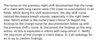 The nurse on the previous night shift documented that the lungs of a client with lung cancer were CTA (clear to auscultation) in all fields. While doing the shift assessment, the day shift nurse noticed decreased breath sounds, especially in the right lower lobe. Which action is the nurse's best choice? A. Report the findings to the charge nurse for documentation follow up with the previous shift's nurse. B. Document the findings as the only action, as this is expected in clients with lung cancer. C. Notify the physician of the change in client status. D. Call radiology for an X-ray to confirm findings.