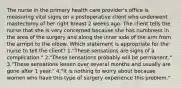 The nurse in the primary health care provider's office is measuring vital signs on a postoperative client who underwent mastectomy of her right breast 2 weeks ago. The client tells the nurse that she is very concerned because she has numbness in the area of the surgery and along the inner side of the arm from the armpit to the elbow. Which statement is appropriate for the nurse to tell the client? 1."These sensations are signs of a complication." 2."These sensations probably will be permanent." 3."These sensations lessen over several months and usually are gone after 1 year." 4."It is nothing to worry about because women who have this type of surgery experience this problem."