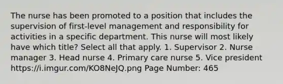 The nurse has been promoted to a position that includes the supervision of first-level management and responsibility for activities in a specific department. This nurse will most likely have which title? Select all that apply. 1. Supervisor 2. Nurse manager 3. Head nurse 4. Primary care nurse 5. Vice president https://i.imgur.com/KO8NeJQ.png Page Number: 465