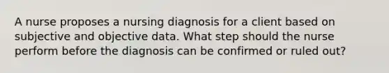 A nurse proposes a nursing diagnosis for a client based on subjective and objective data. What step should the nurse perform before the diagnosis can be confirmed or ruled out?