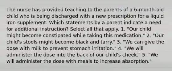 The nurse has provided teaching to the parents of a 6-month-old child who is being discharged with a new prescription for a liquid iron supplement. Which statements by a parent indicate a need for additional instruction? Select all that apply. 1. "Our child might become constipated while taking this medication." 2. "Our child's stools might become black and tarry." 3. "We can give the dose with milk to prevent stomach irritation." 4. "We will administer the dose into the back of our child's cheek." 5. "We will administer the dose with meals to increase absorption."