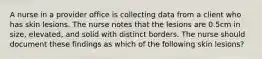 A nurse in a provider office is collecting data from a client who has skin lesions. The nurse notes that the lesions are 0.5cm in size, elevated, and solid with distinct borders. The nurse should document these findings as which of the following skin lesions?