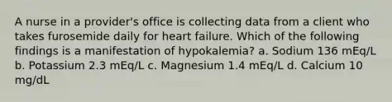 A nurse in a provider's office is collecting data from a client who takes furosemide daily for heart failure. Which of the following findings is a manifestation of hypokalemia? a. Sodium 136 mEq/L b. Potassium 2.3 mEq/L c. Magnesium 1.4 mEq/L d. Calcium 10 mg/dL