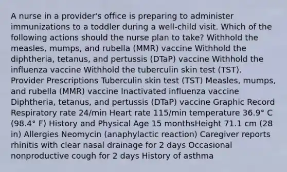 A nurse in a provider's office is preparing to administer immunizations to a toddler during a well-child visit. Which of the following actions should the nurse plan to take? Withhold the measles, mumps, and rubella (MMR) vaccine Withhold the diphtheria, tetanus, and pertussis (DTaP) vaccine Withhold the influenza vaccine Withhold the tuberculin skin test (TST). Provider Prescriptions Tuberculin skin test (TST) Measles, mumps, and rubella (MMR) vaccine Inactivated influenza vaccine Diphtheria, tetanus, and pertussis (DTaP) vaccine Graphic Record Respiratory rate 24/min Heart rate 115/min temperature 36.9° C (98.4° F) History and Physical​ Age 15 monthsHeight 71.1 cm (28 in) Allergies Neomycin (anaphylactic reaction) Caregiver reports rhinitis with clear nasal drainage for 2 days Occasional nonproductive cough for 2 days History of asthma