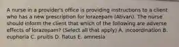 A nurse in a provider's office is providing instructions to a client who has a new prescription for lorazepam (Ativan). The nurse should inform the client that which of the following are adverse effects of lorazepam? (Select all that apply) A. incoordination B. euphoria C. pruitis D. flatus E. amnesia