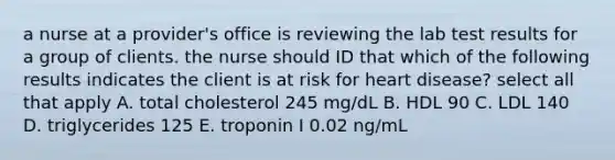 a nurse at a provider's office is reviewing the lab test results for a group of clients. the nurse should ID that which of the following results indicates the client is at risk for heart disease? select all that apply A. total cholesterol 245 mg/dL B. HDL 90 C. LDL 140 D. triglycerides 125 E. troponin I 0.02 ng/mL