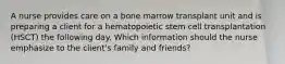 A nurse provides care on a bone marrow transplant unit and is preparing a client for a hematopoietic stem cell transplantation (HSCT) the following day. Which information should the nurse emphasize to the client's family and friends?