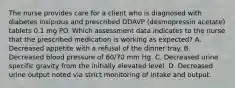 The nurse provides care for a client who is diagnosed with diabetes insipidus and prescribed DDAVP (desmopressin acetate) tablets 0.1 mg PO. Which assessment data indicates to the nurse that the prescribed medication is working as expected? A. Decreased appetite with a refusal of the dinner tray. B. Decreased blood pressure of 60/70 mm Hg. C. Decreased urine specific gravity from the initially elevated level. D. Decreased urine output noted via strict monitoring of intake and output.