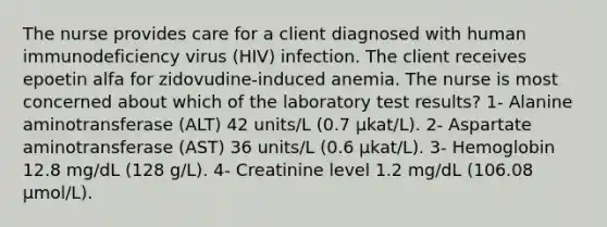 The nurse provides care for a client diagnosed with human immunodeficiency virus (HIV) infection. The client receives epoetin alfa for zidovudine-induced anemia. The nurse is most concerned about which of the laboratory test results? 1- Alanine aminotransferase (ALT) 42 units/L (0.7 μkat/L). 2- Aspartate aminotransferase (AST) 36 units/L (0.6 μkat/L). 3- Hemoglobin 12.8 mg/dL (128 g/L). 4- Creatinine level 1.2 mg/dL (106.08 μmol/L).