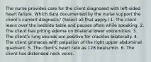 The nurse provides care for the client diagnosed with left-sided heart failure. Which data documented by the nurse support the client's current diagnosis? (Select all that apply.) 1. The client leans over the bedside table and pauses often while speaking. 2. The client has pitting edema on bilateral lower extremities. 3. The client's lung sounds are positive for crackles bilaterally. 4. The client grimaces with palpation of the right upper abdominal quadrant. 5. The client's heart rate as 128 beats/min. 6. The client has distended neck veins.