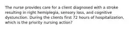 The nurse provides care for a client diagnosed with a stroke resulting in right hemiplegia, sensory loss, and cognitive dystunction. During the clients first 72 hours of hospitalization, which is the priority nursing action?