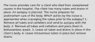 The nurse provides care for a client who died from unexplained causes in the hospital. The client has many tubes and drains in place. An autopsy is planned. The nurse prepares for postmortem care of the body. Which action by the nurse is appropriate when managing the tubes prior to the autopsy? 1- Remove all tubes and catheters and send to autopsy with the body. 2- Remove all tubes and catheters and place them in biohazardous waste. 3- Leave all tubes and drains in place in the client's body. 4- Leave intravenous tubes in place but remove drains.