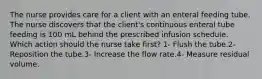 The nurse provides care for a client with an enteral feeding tube. The nurse discovers that the client's continuous enteral tube feeding is 100 mL behind the prescribed infusion schedule. Which action should the nurse take first? 1- Flush the tube.2- Reposition the tube.3- Increase the flow rate.4- Measure residual volume.