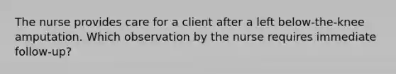 The nurse provides care for a client after a left below-the-knee amputation. Which observation by the nurse requires immediate follow-up?
