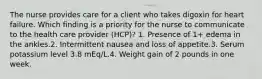 The nurse provides care for a client who takes digoxin for heart failure. Which finding is a priority for the nurse to communicate to the health care provider (HCP)? 1. Presence of 1+ edema in the ankles.2. Intermittent nausea and loss of appetite.3. Serum potassium level 3.8 mEq/L.4. Weight gain of 2 pounds in one week.