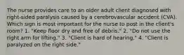 The nurse provides care to an older adult client diagnosed with right-sided paralysis caused by a cerebrovascular accident (CVA). Which sign is most important for the nurse to post in the client's room? 1. "Keep floor dry and free of debris." 2. "Do not use the right arm for lifting." 3. "Client is hard of hearing." 4. "Client is paralyzed on the right side."