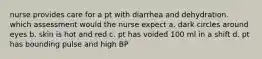 nurse provides care for a pt with diarrhea and dehydration. which assessment would the nurse expect a. dark circles around eyes b. skin is hot and red c. pt has voided 100 ml in a shift d. pt has bounding pulse and high BP