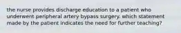 the nurse provides discharge education to a patient who underwent peripheral artery bypass surgery. which statement made by the patient indicates the need for further teaching?