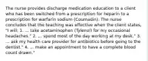 The nurse provides discharge medication education to a client who has been switched from a prescription for heparin to a prescription for warfarin sodium (Coumadin). The nurse concludes that the teaching was effective when the client states, "I will: 1. ... take acetaminophen (Tylenol) for my occasional headaches." 2. ... spend most of the day working at my desk." 3. ... ask my health care provider for antibiotics before going to the dentist." 4. ... make an appointment to have a complete blood count drawn."