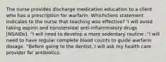 The nurse provides discharge medication education to a client who has a prescription for warfarin. Whichclient statement indicates to the nurse that teaching was effective? 'I will avoid taking aspirin and nonsteroidal anti-inflammatory drugs [NSAIDs]. ''I will need to develop a more sedentary routine .''I will need to have regular complete blood counts to guide warfarin dosage. ''Before going to the dentist, I will ask my health care provider for antibiotics.