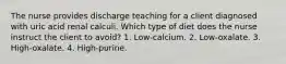 The nurse provides discharge teaching for a client diagnosed with uric acid renal calculi. Which type of diet does the nurse instruct the client to avoid? 1. Low-calcium. 2. Low-oxalate. 3. High-oxalate. 4. High-purine.