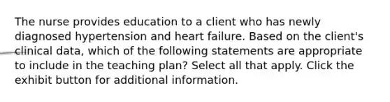 The nurse provides education to a client who has newly diagnosed hypertension and heart failure. Based on the client's clinical data, which of the following statements are appropriate to include in the teaching plan? Select all that apply. Click the exhibit button for additional information.